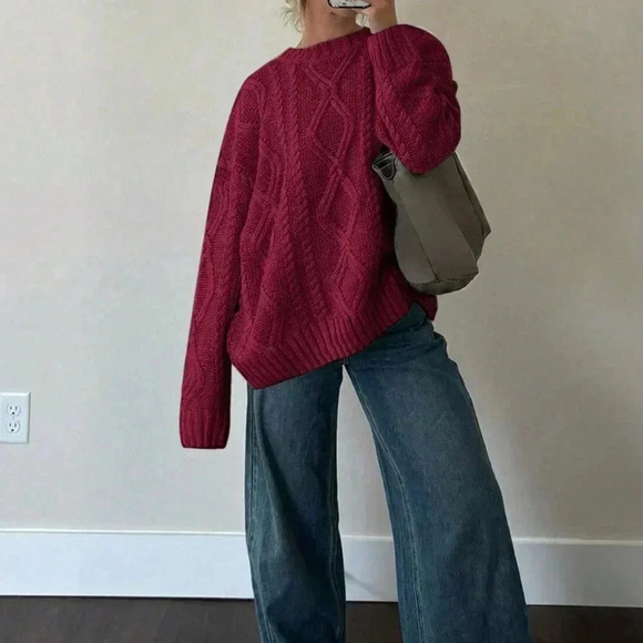 Burgundy Casual Women's Round Neck Cable Knit Long Sleeve Sweater - Picture 1 of 6